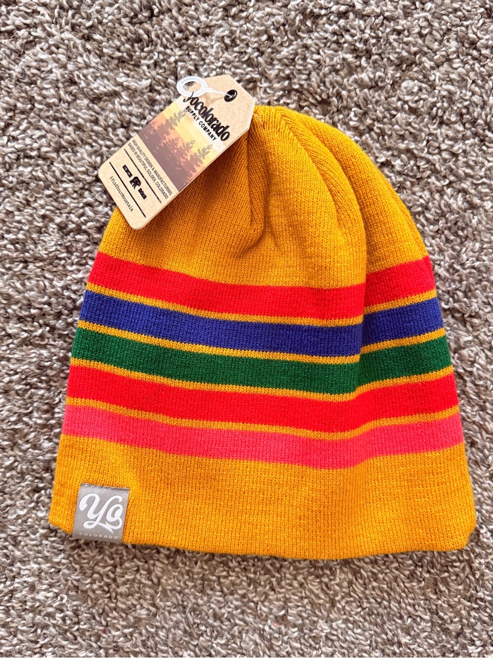 NWT Yellow Striped Knit Beanie with Multicolor Bands